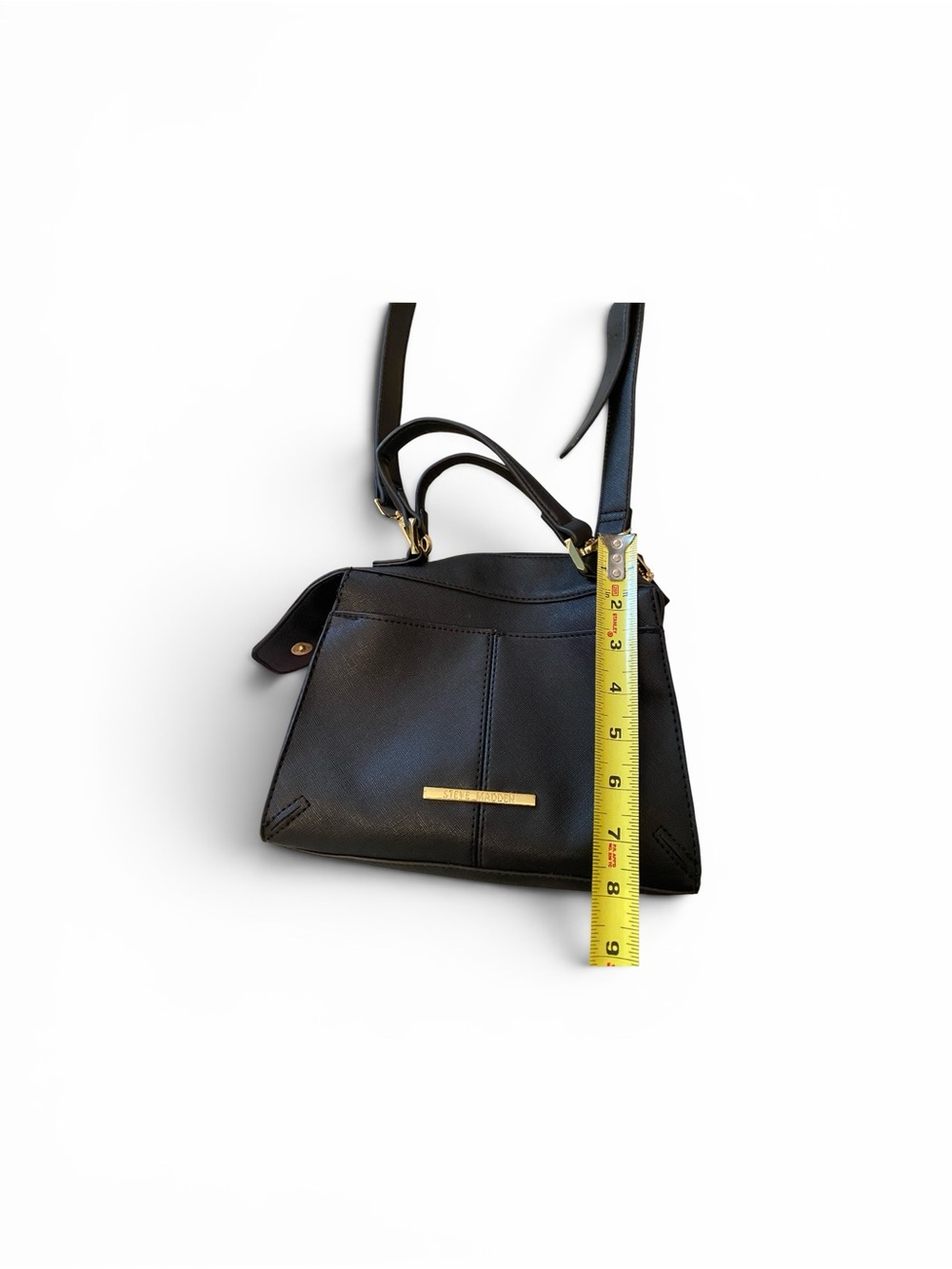 Steve Madden Black Leather Top-Handle Crossbody Bag with Gold Accents - Picture 11 of 15
